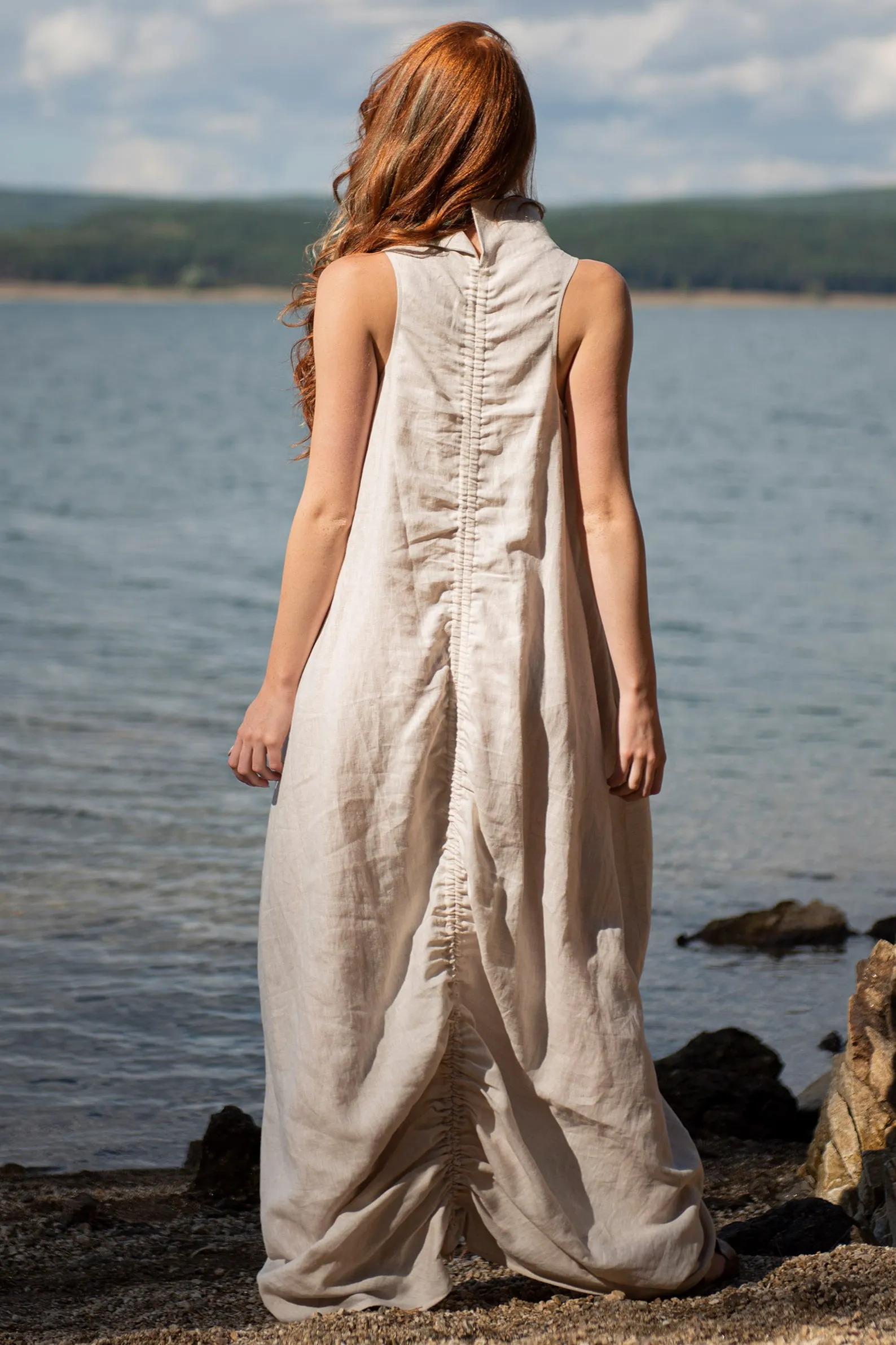 Cowl Neck Linen Dress in Natural