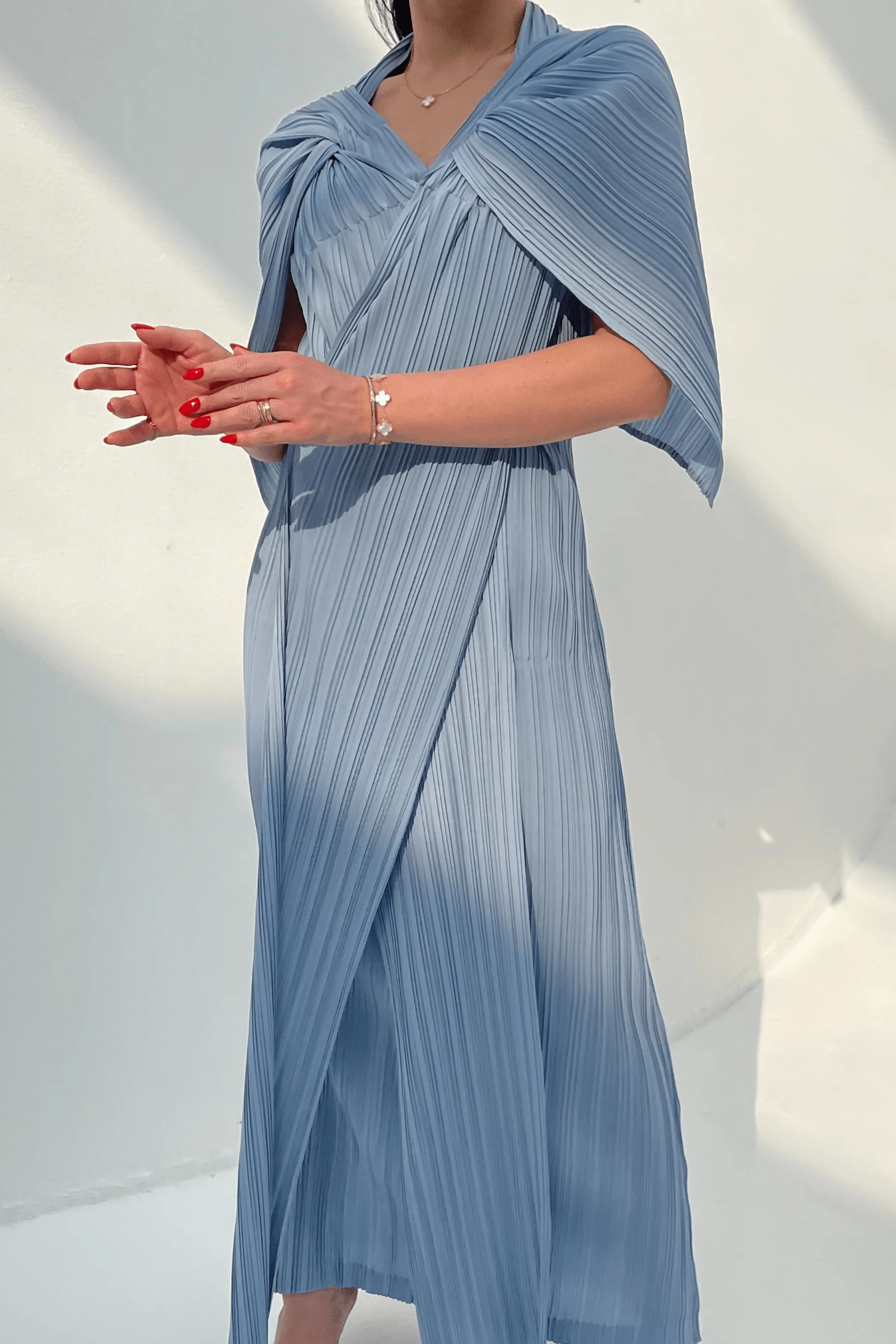 Dalene Pleated Dress With Front Wrap Panels And Attached Waist Strap