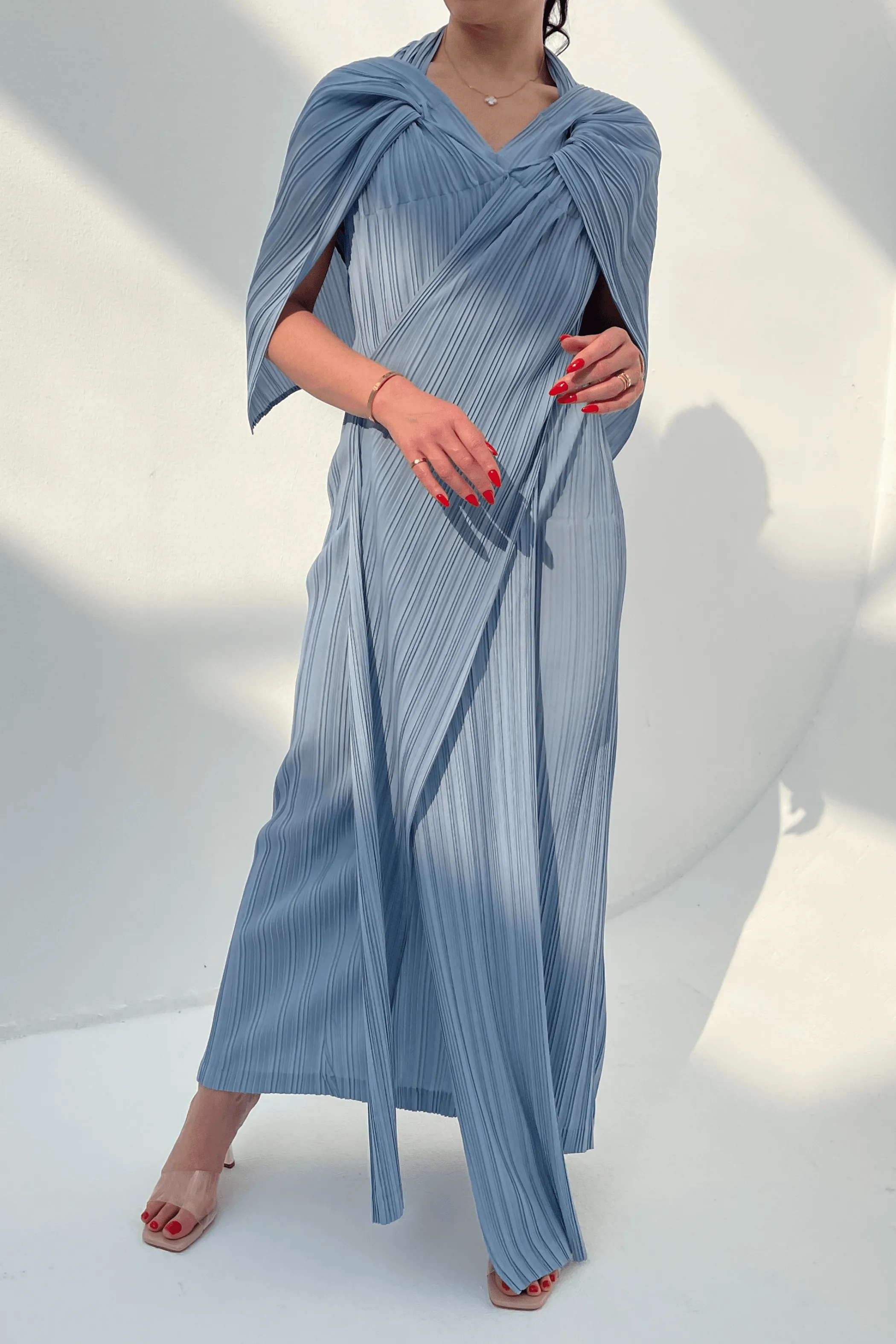 Dalene Pleated Dress With Front Wrap Panels And Attached Waist Strap