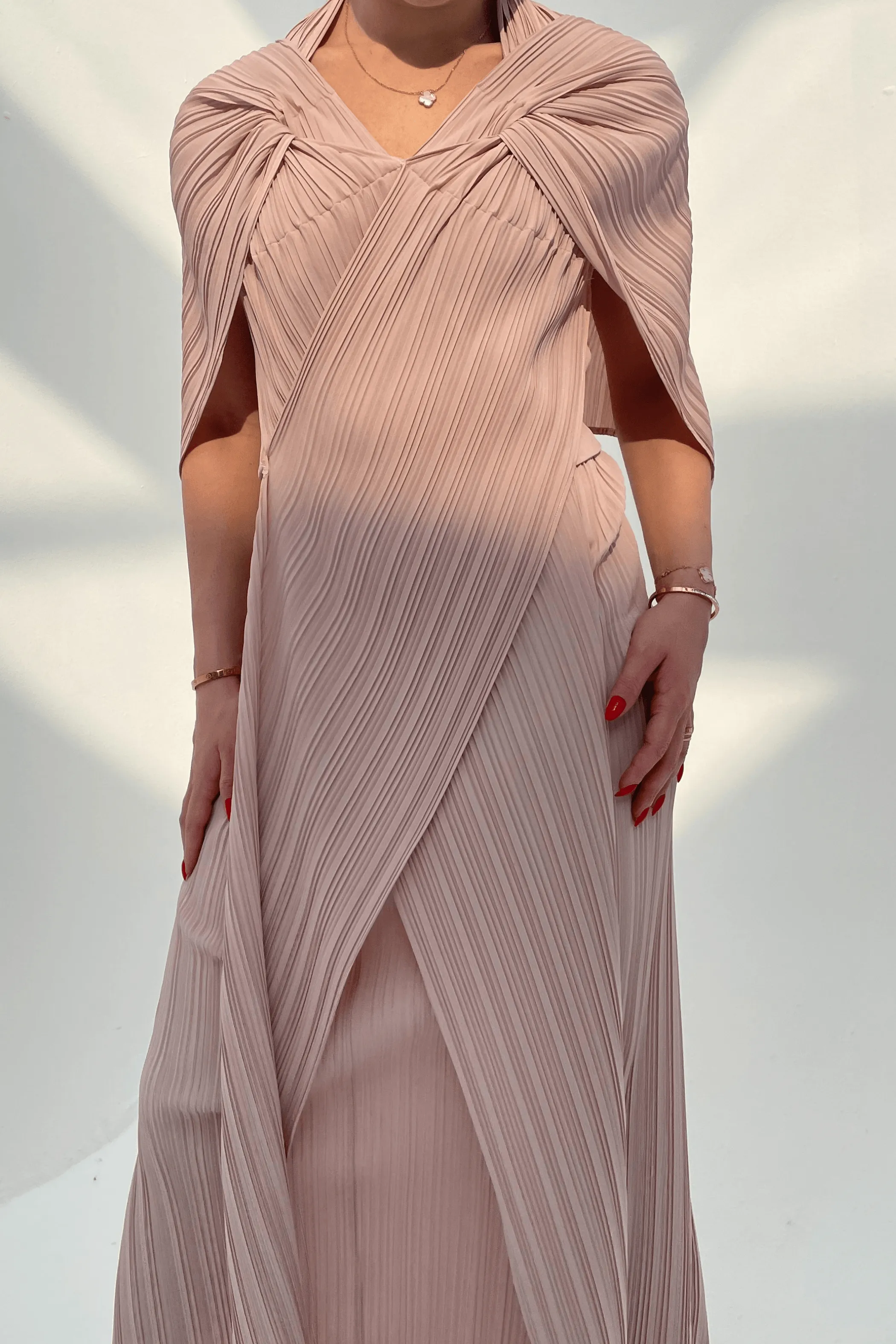 Dalene Pleated Dress With Front Wrap Panels And Attached Waist Strap