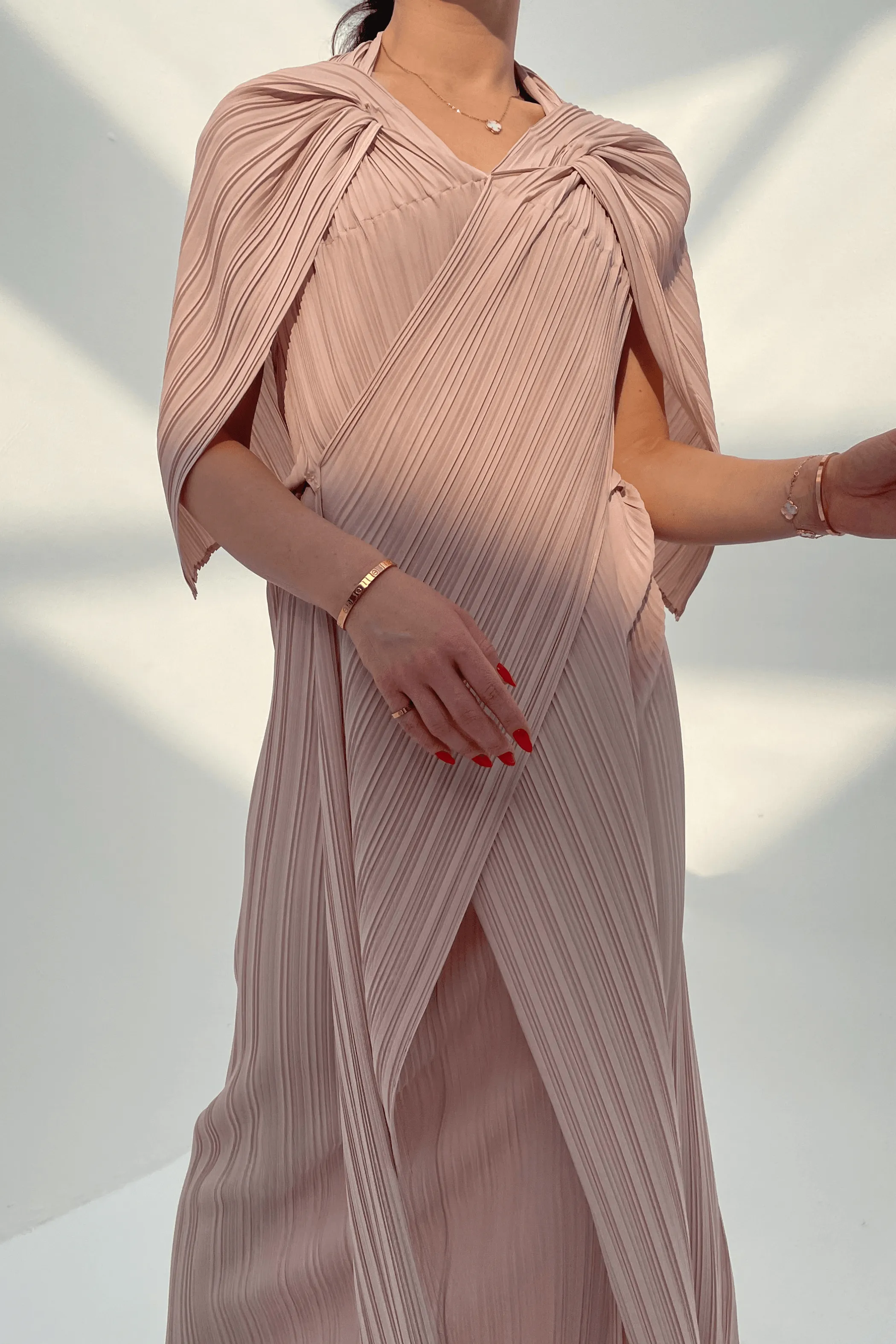 Dalene Pleated Dress With Front Wrap Panels And Attached Waist Strap
