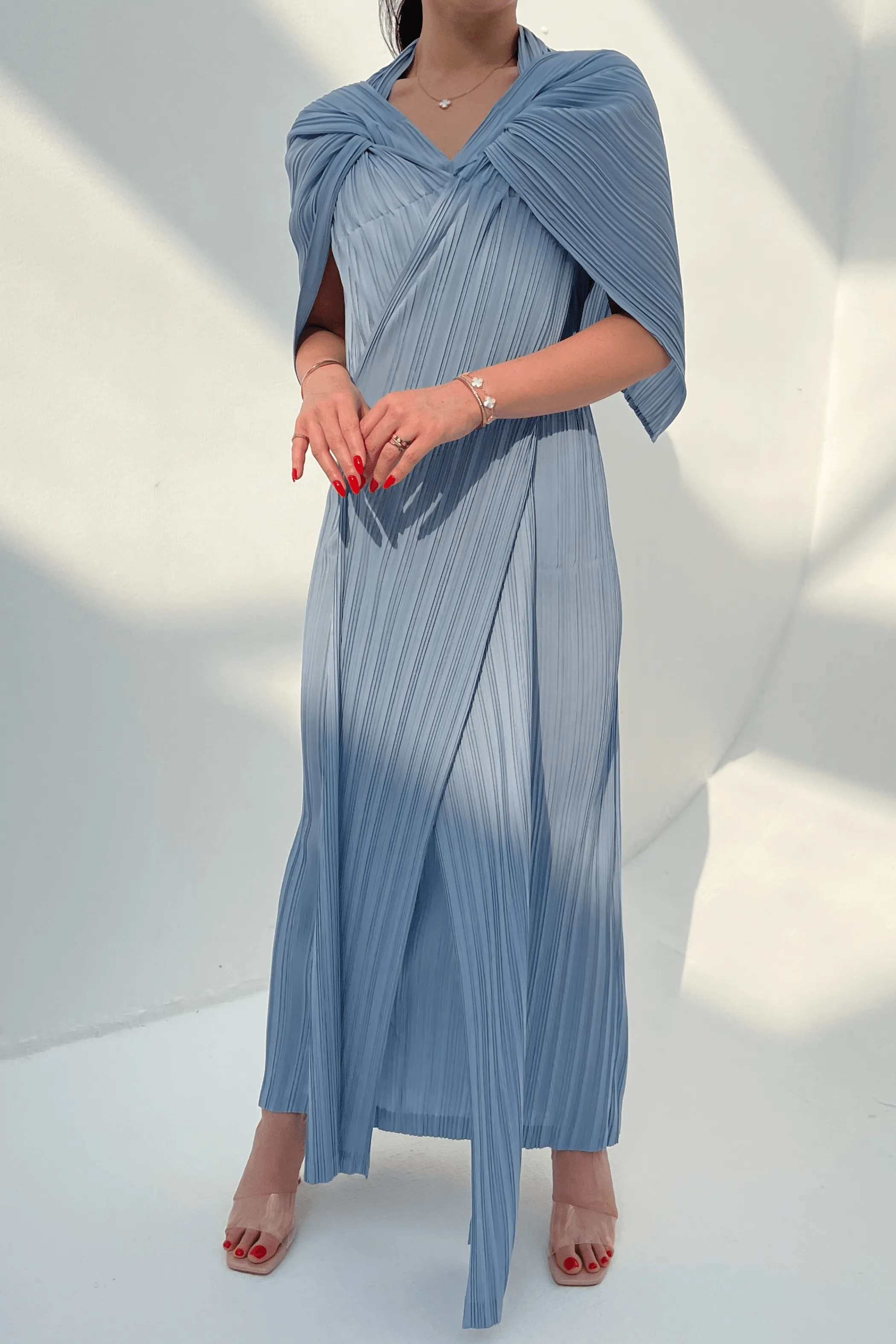 Dalene Pleated Dress With Front Wrap Panels And Attached Waist Strap