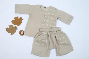 Designer Chanderi Short Ethnic Kurta Set with Shorts for Infant Boys  - Beige