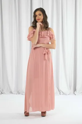 Double Second Pink Double Frill Off Shoulder Wrap Maxi Dress