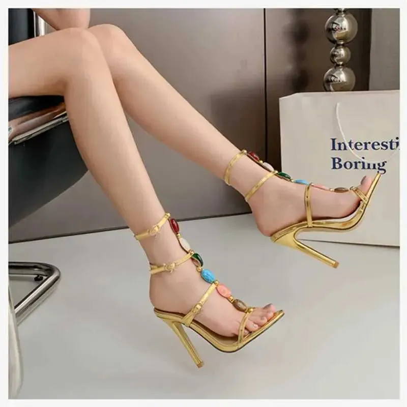 Dress Shoes Fashion Summer Colored Gemstone Narrow band Women Sandals Elegant Stiletto High heels Gladiator Female Party Prom H240603 EUS3