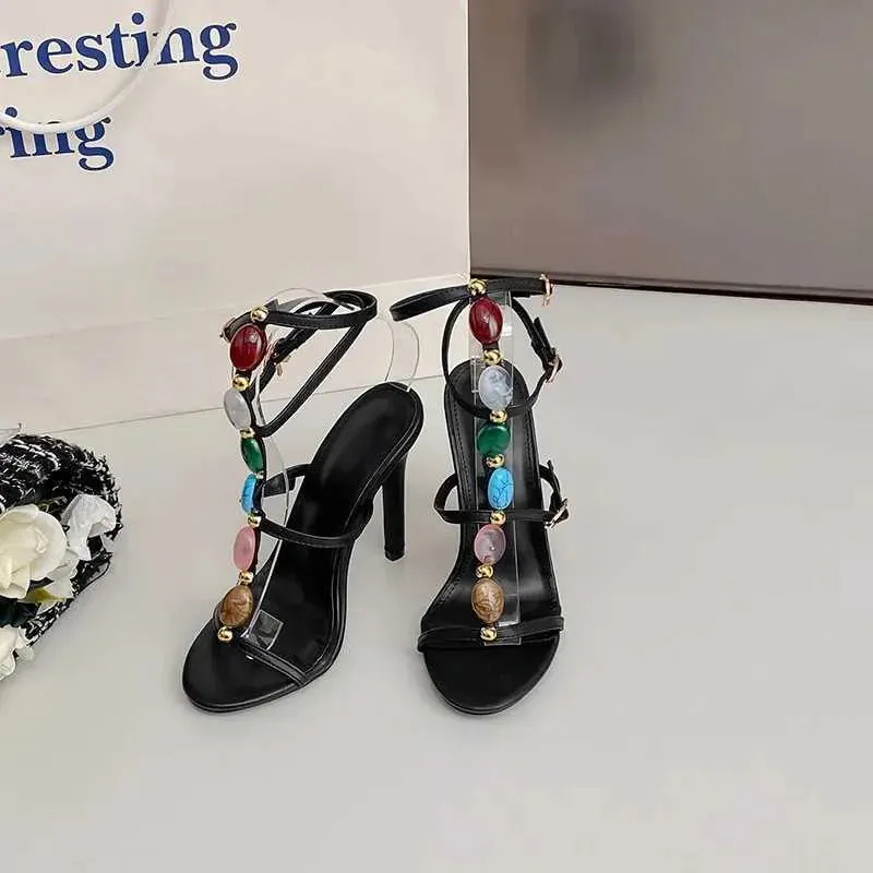 Dress Shoes Fashion Summer Colored Gemstone Narrow band Women Sandals Elegant Stiletto High heels Gladiator Female Party Prom H240603 EUS3
