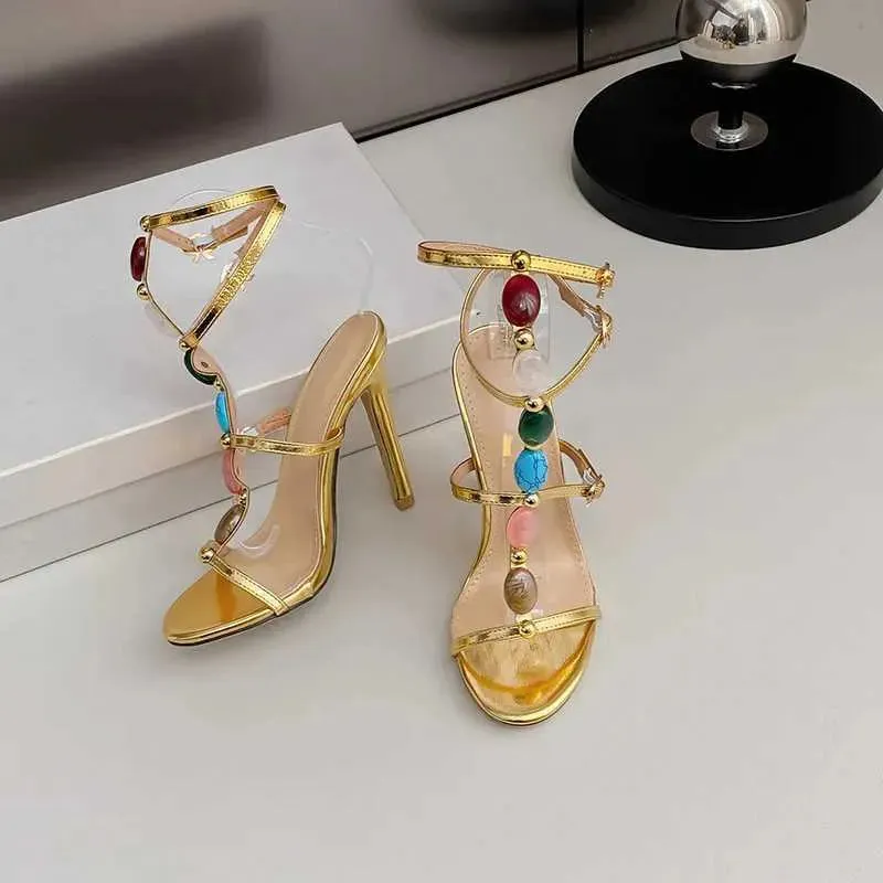 Dress Shoes Fashion Summer Colored Gemstone Narrow band Women Sandals Elegant Stiletto High heels Gladiator Female Party Prom H240603 EUS3