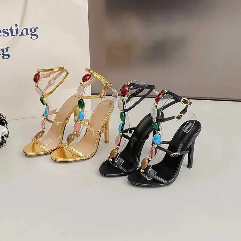 Dress Shoes Fashion Summer Colored Gemstone Narrow band Women Sandals Elegant Stiletto High heels Gladiator Female Party Prom H240603 EUS3