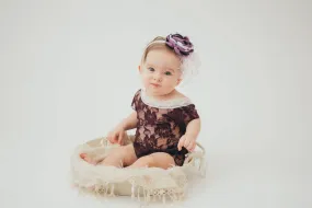 Eggplant Purple Lace V-Back Newborn Romper with Ties