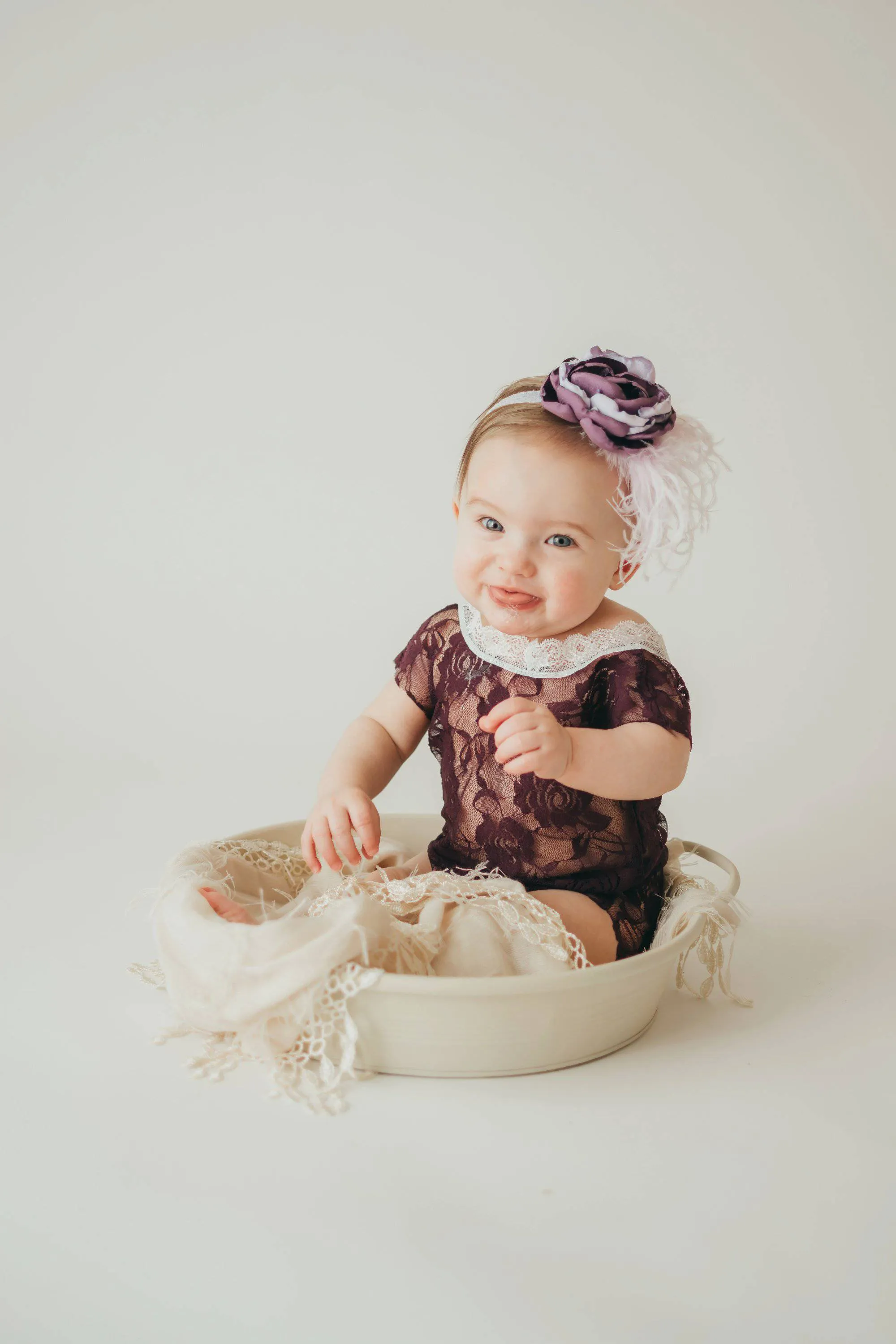 Eggplant Purple Lace V-Back Newborn Romper with Ties