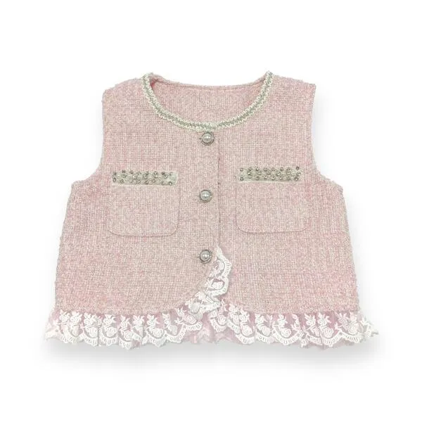 Embellished Tweed Vest - Pink