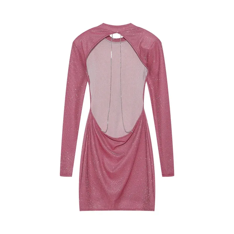 European and American Style Backless Chain Round Neck Long Sleeved Wrap Buttocks TightShortSkirtRetroNostalgic French Dress