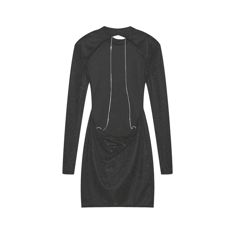 European and American Style Backless Chain Round Neck Long Sleeved Wrap Buttocks TightShortSkirtRetroNostalgic French Dress