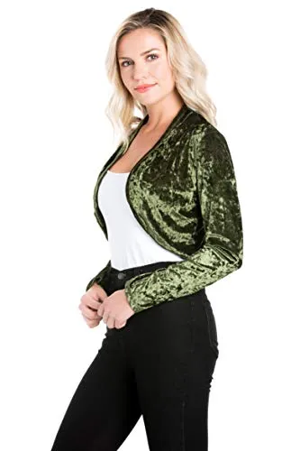 Fashion Secrets Women`s Collarless Open Front Velvet Bolero Shrug Cardigan Cropped Jacket
