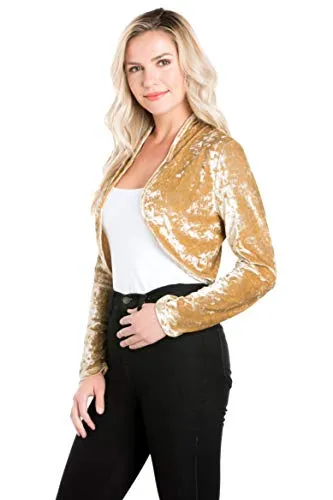 Fashion Secrets Women`s Collarless Open Front Velvet Bolero Shrug Cardigan Cropped Jacket
