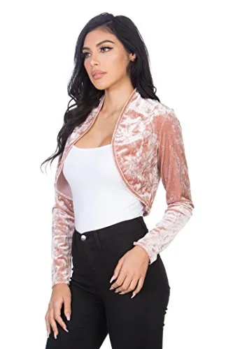 Fashion Secrets Women`s Collarless Open Front Velvet Bolero Shrug Cardigan Cropped Jacket
