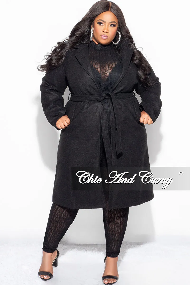 Final Sale Plus Size Wool Trench Coat with Tie in  Black