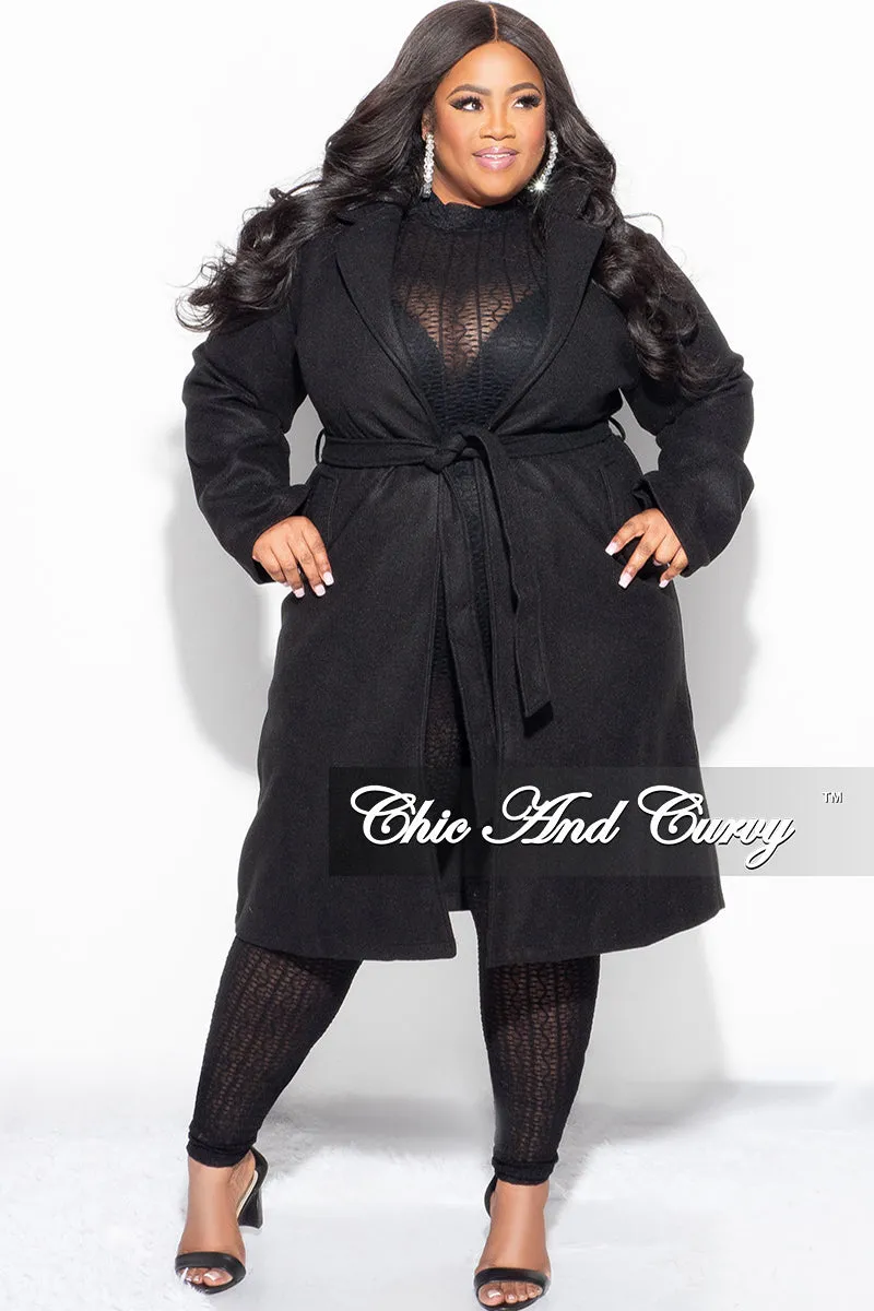 Final Sale Plus Size Wool Trench Coat with Tie in  Black
