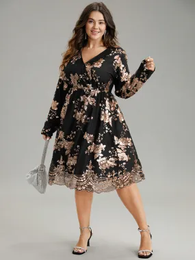 Floral Sequin Elastic Waist Mesh Wrap Dress