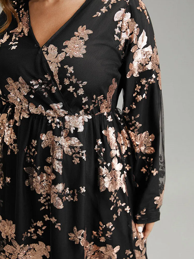 Floral Sequin Elastic Waist Mesh Wrap Dress