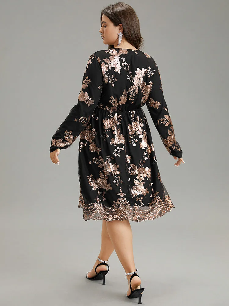 Floral Sequin Elastic Waist Mesh Wrap Dress