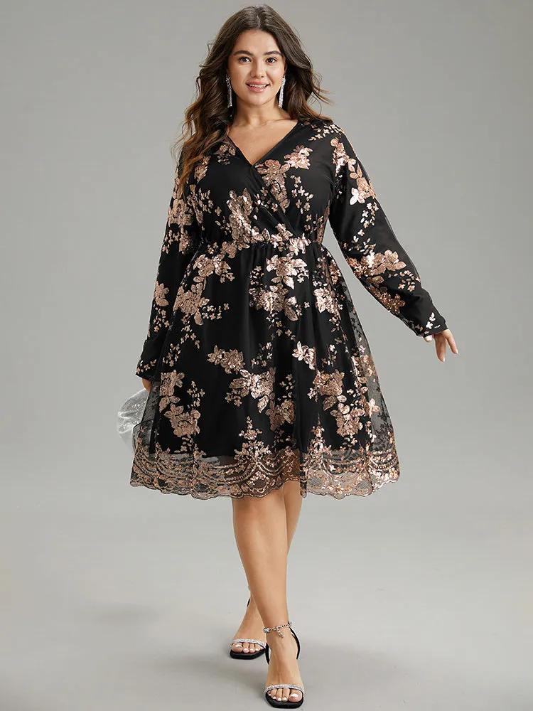 Floral Sequin Elastic Waist Mesh Wrap Dress