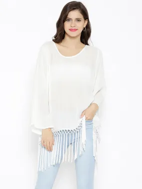 Fringed Ivory Top With Back Slit