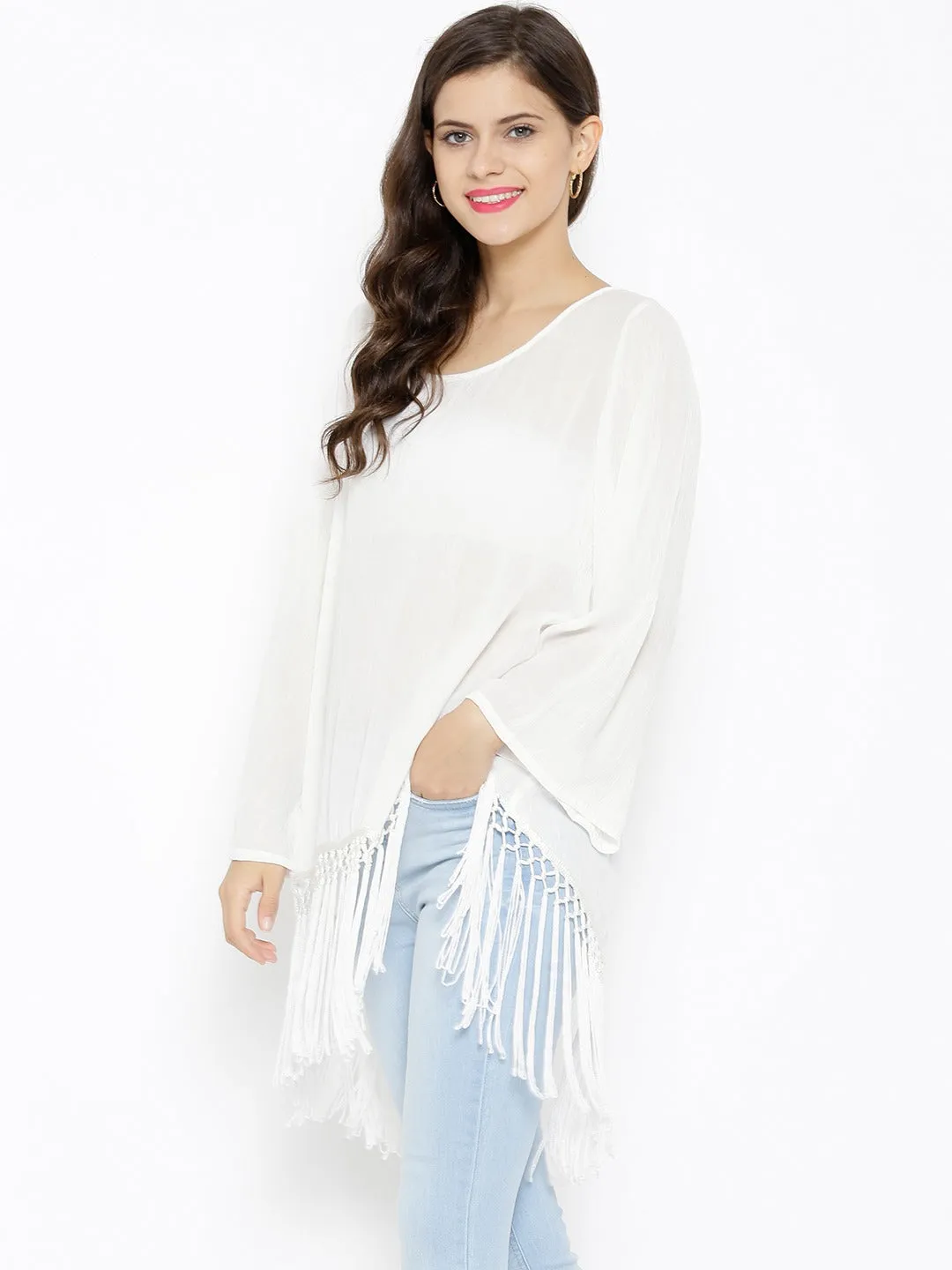 Fringed Ivory Top With Back Slit