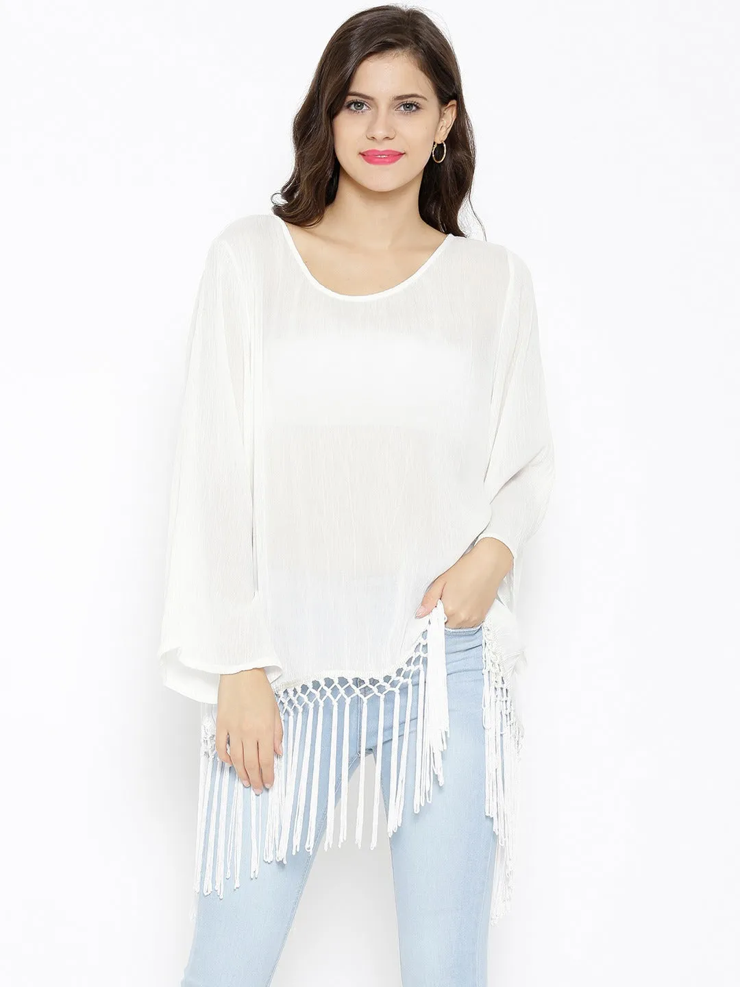 Fringed Ivory Top With Back Slit