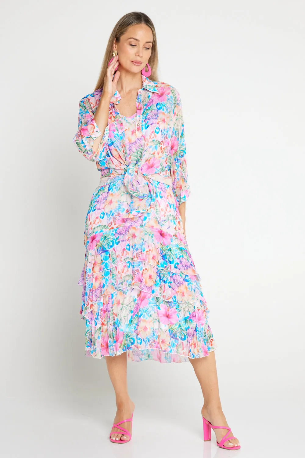 Georgette Digital Print Tiered Dress - Sapphire Blooms (Pink Floral)