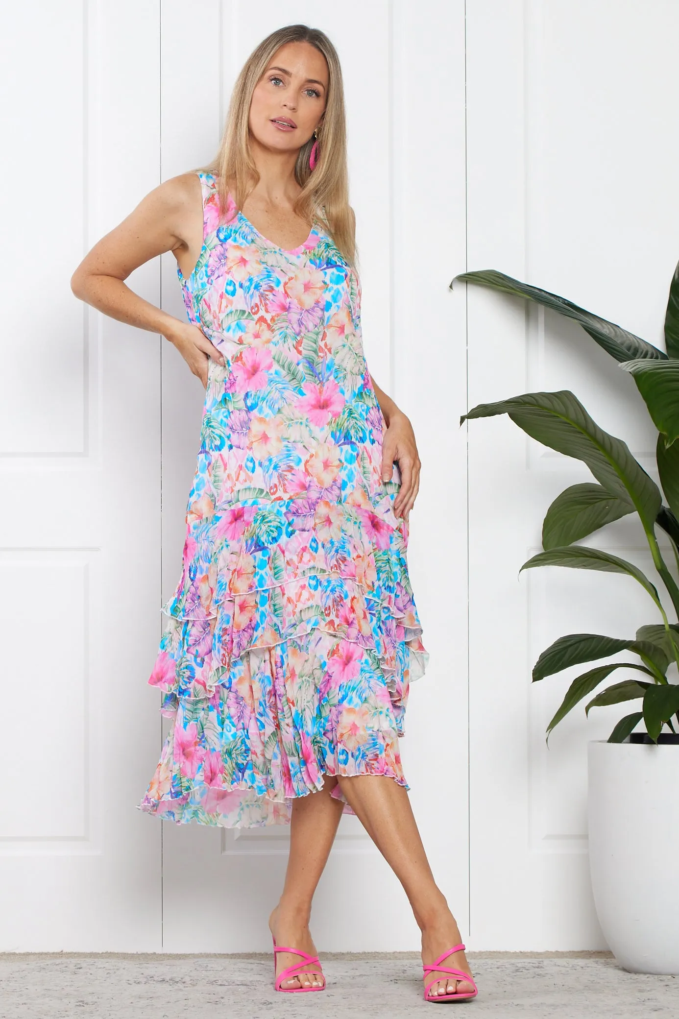 Georgette Digital Print Tiered Dress - Sapphire Blooms (Pink Floral)