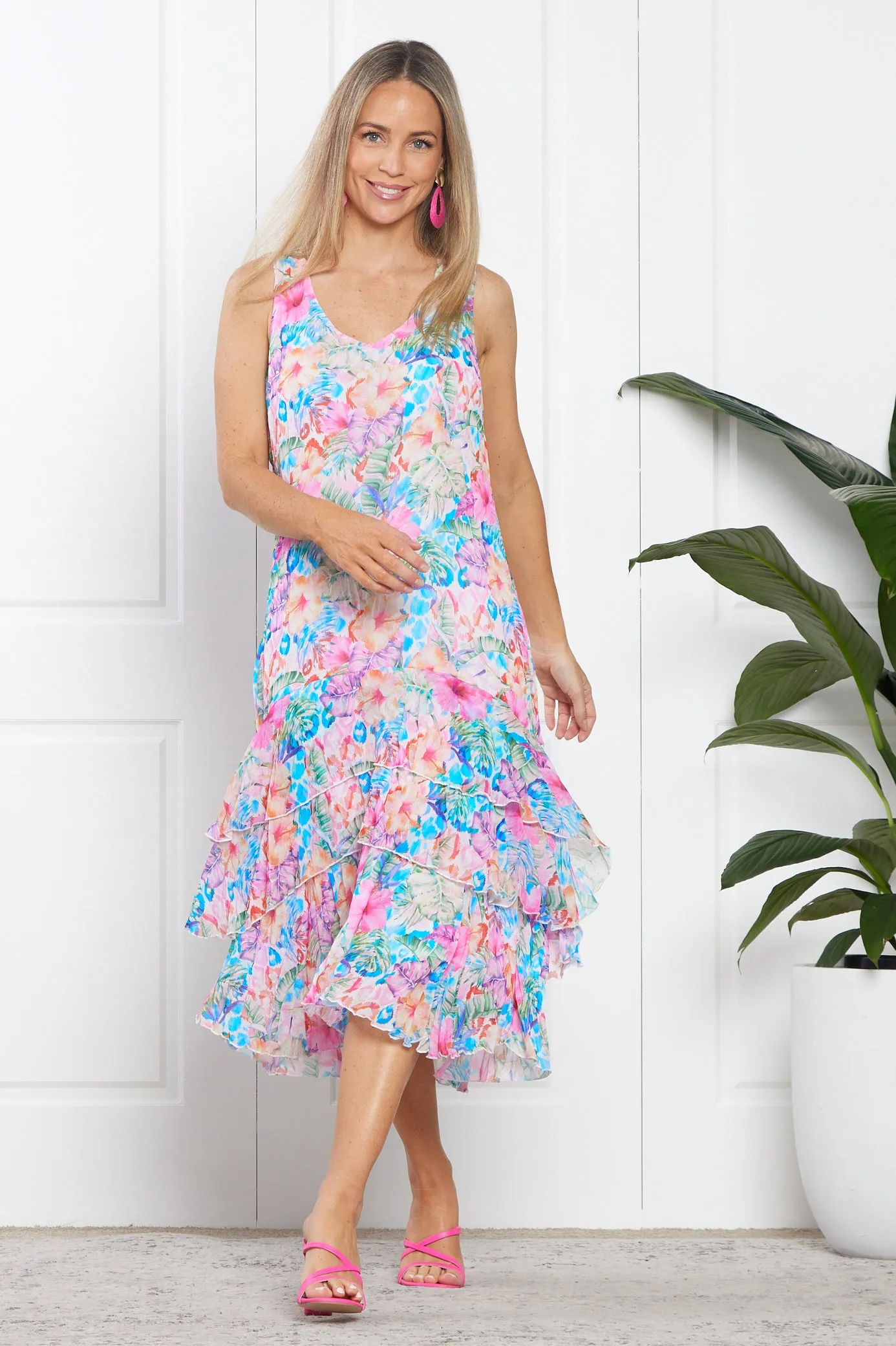 Georgette Digital Print Tiered Dress - Sapphire Blooms (Pink Floral)