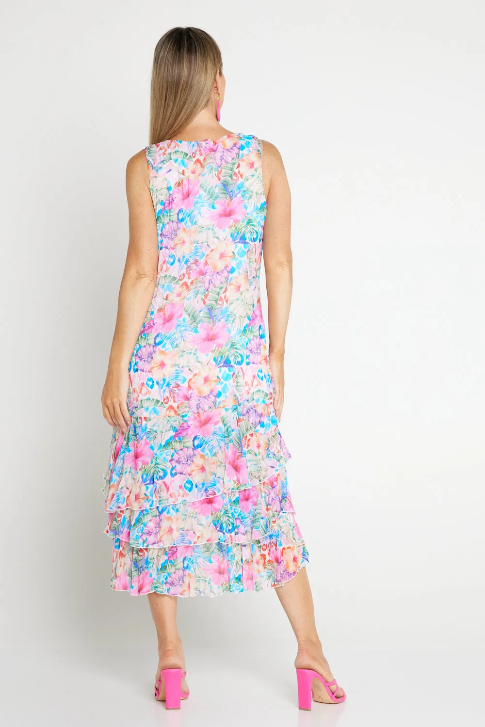 Georgette Digital Print Tiered Dress - Sapphire Blooms (Pink Floral)
