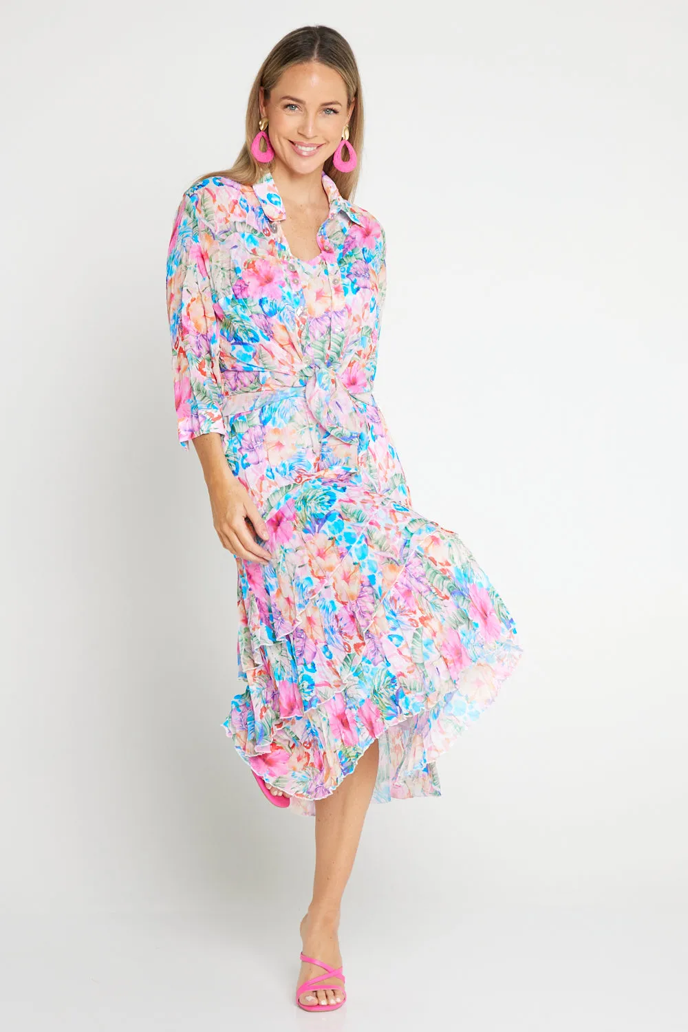 Georgette Digital Print Tiered Dress - Sapphire Blooms (Pink Floral)
