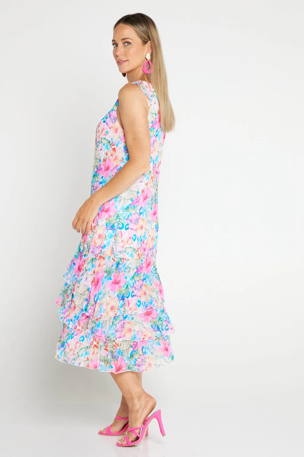 Georgette Digital Print Tiered Dress - Sapphire Blooms (Pink Floral)