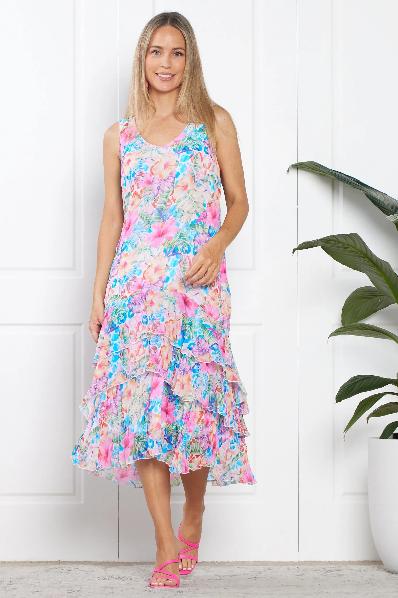 Georgette Digital Print Tiered Dress - Sapphire Blooms (Pink Floral)