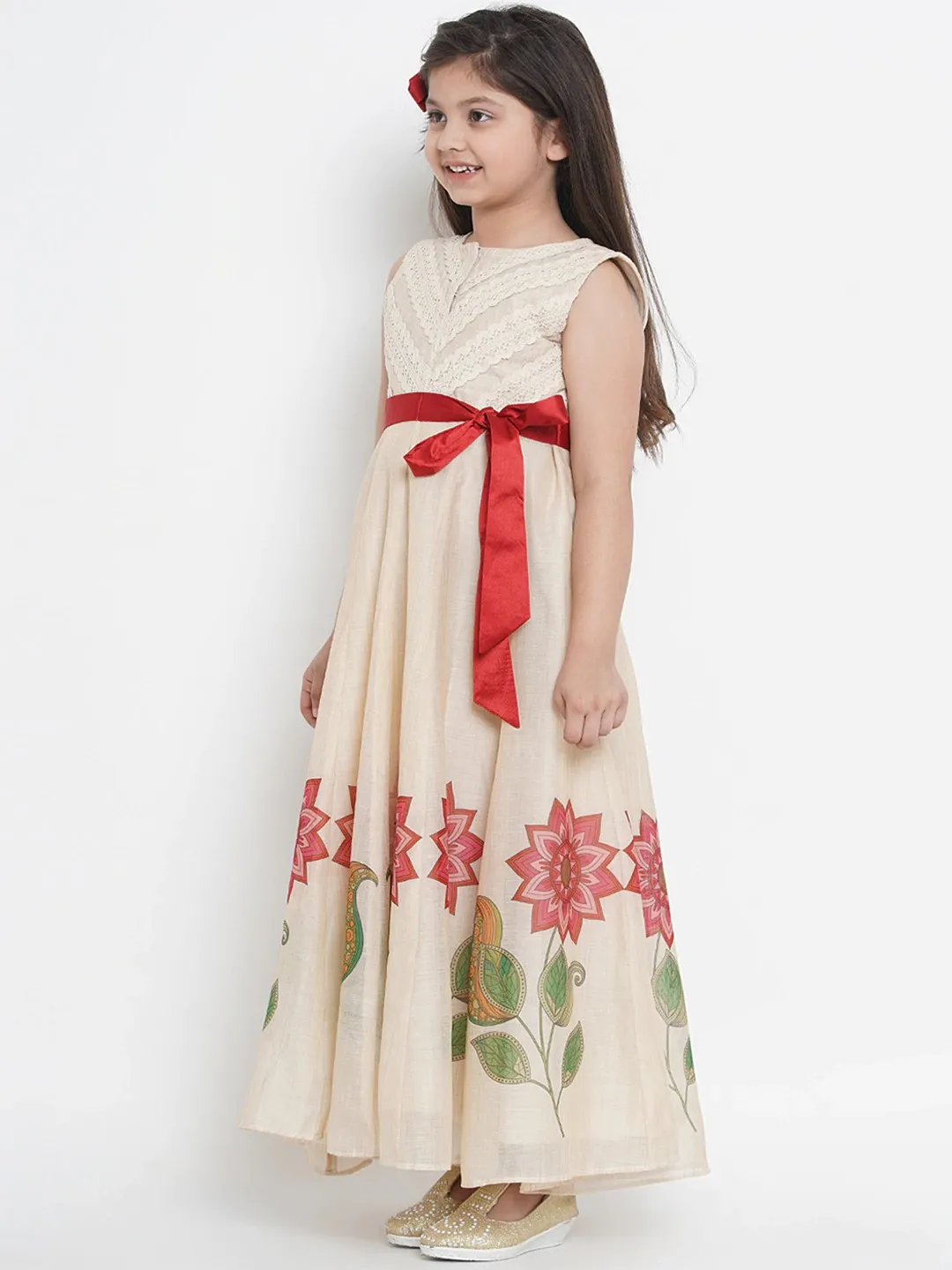 Girl's Beige Printed Maxi Dress - Bitiya By Bhama