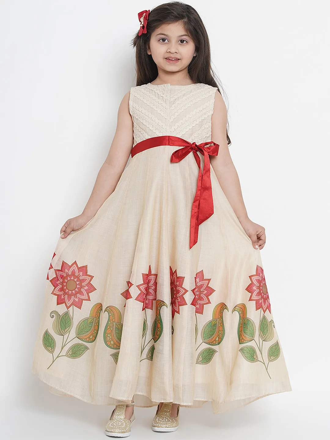 Girl's Beige Printed Maxi Dress - Bitiya By Bhama