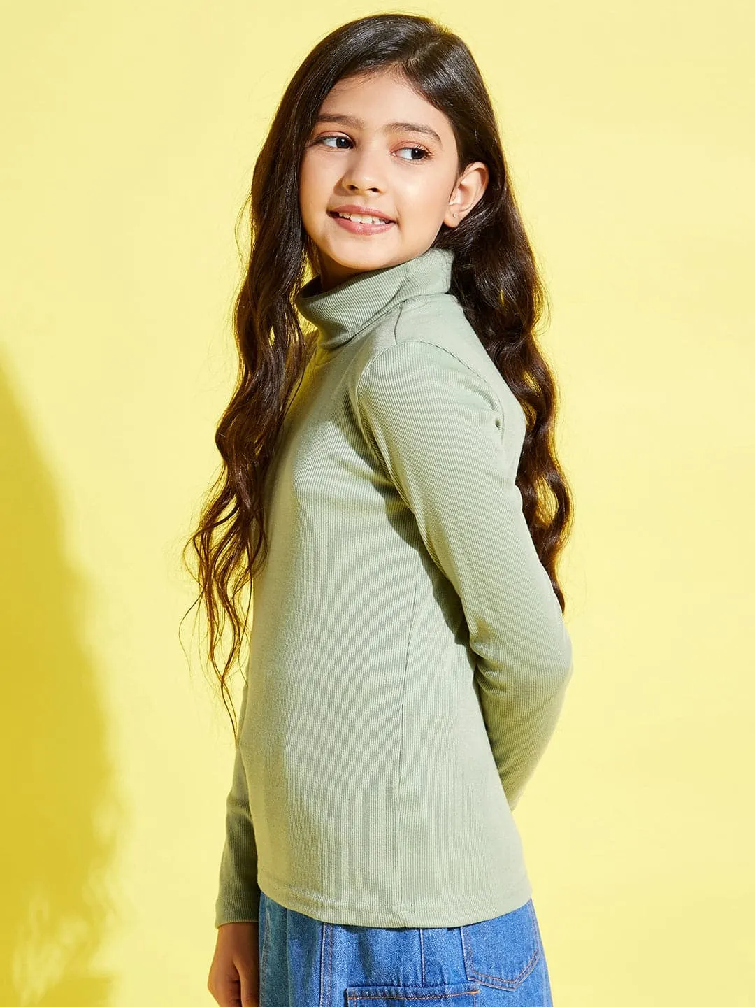Girls Olive Full Sleeve High Neck Rib Top