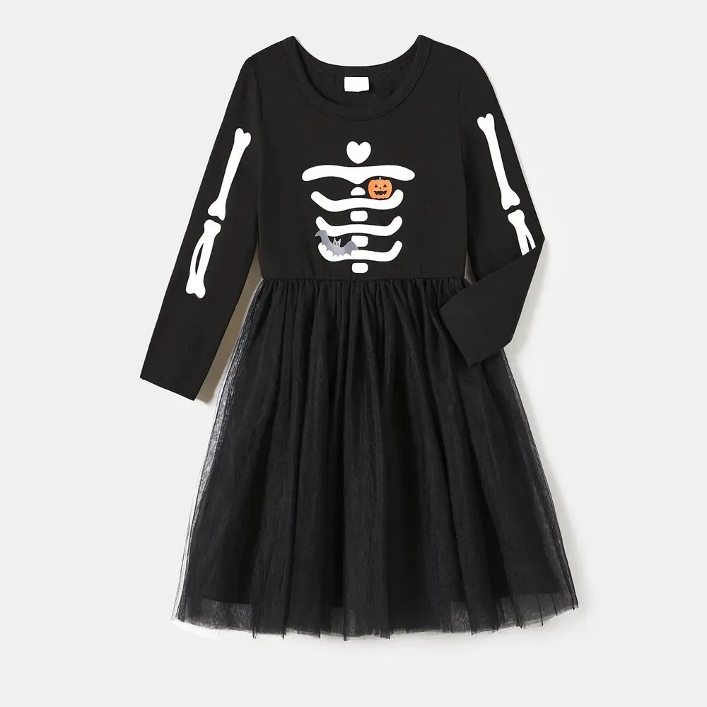 Glowing Family Matching Dress for Halloween Boo Pumpkin Skull Long-Sleeve Outfits