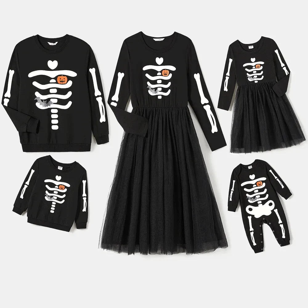Glowing Family Matching Dress for Halloween Boo Pumpkin Skull Long-Sleeve Outfits
