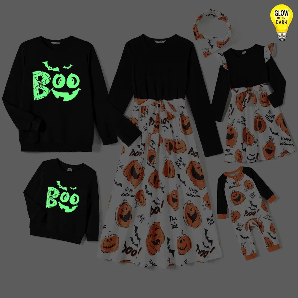 Glowing Family Matching Dress for Halloween Boo Pumpkin Skull Long-Sleeve Outfits