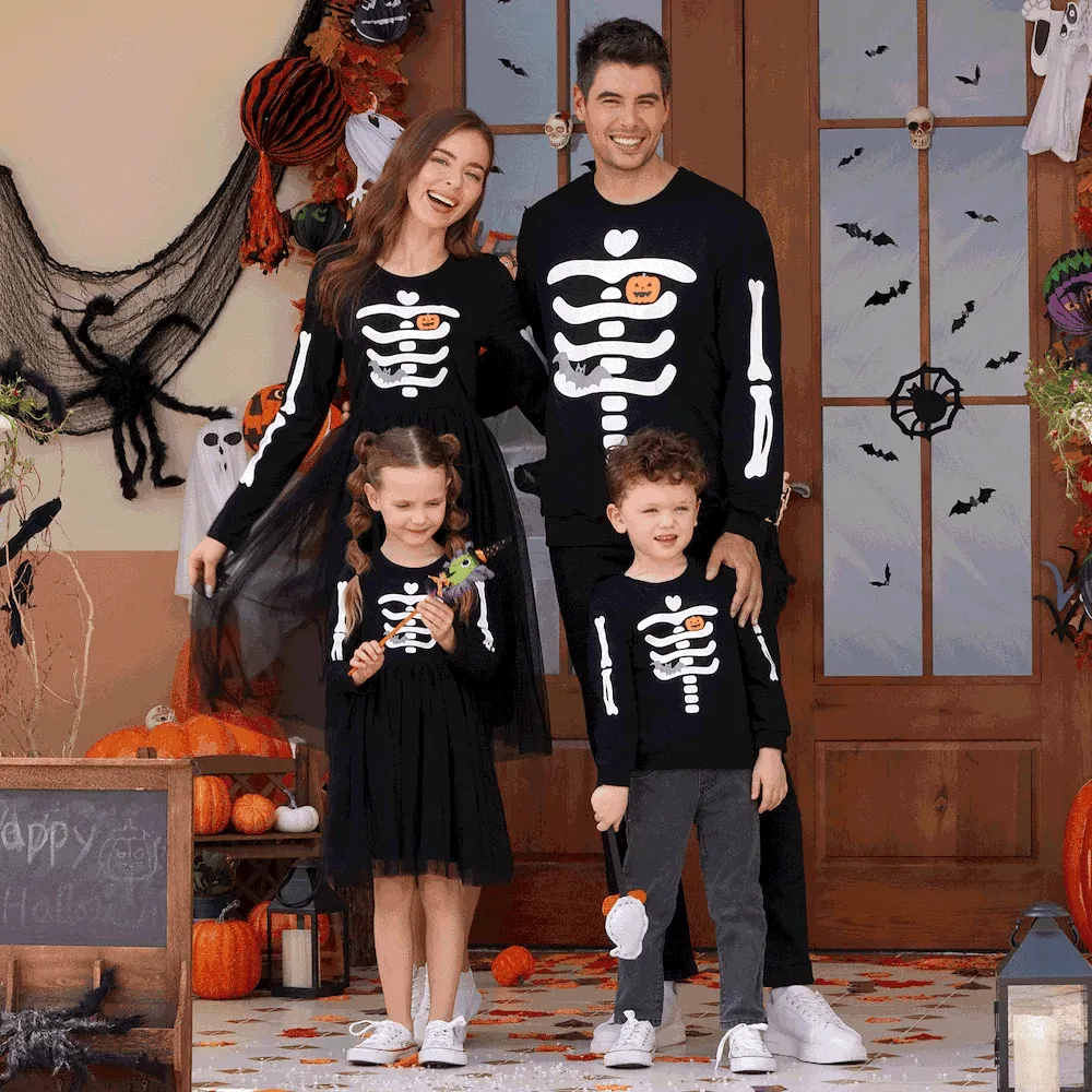 Glowing Family Matching Dress for Halloween Boo Pumpkin Skull Long-Sleeve Outfits
