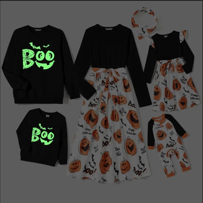 Glowing Family Matching Dress for Halloween Boo Pumpkin Skull Long-Sleeve Outfits