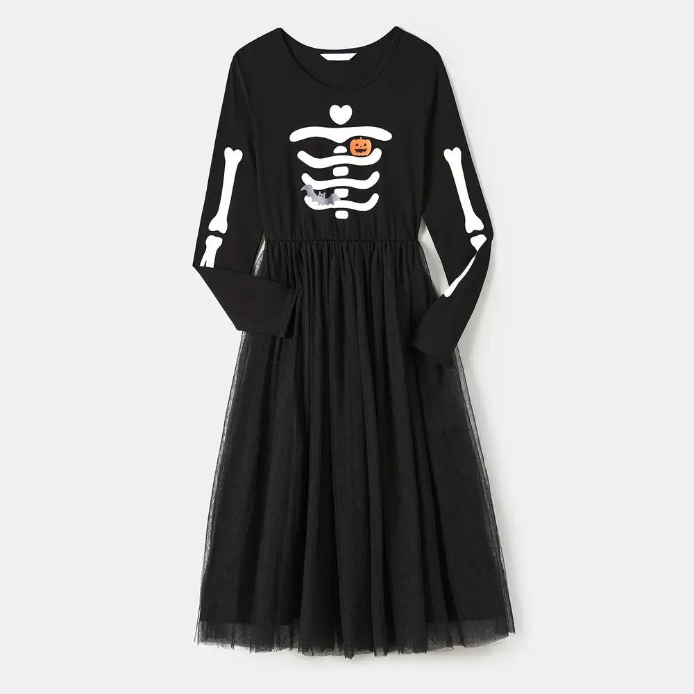 Glowing Family Matching Dress for Halloween Boo Pumpkin Skull Long-Sleeve Outfits