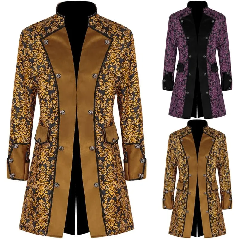 Gold and Black Floral Mens Medieval Coat Steampunk Jacket