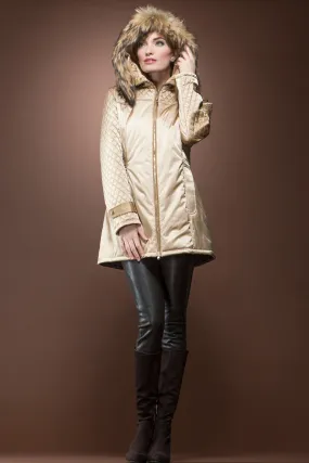 Gold 'Els' Mid-Length Coat with Natural Finn Raccoon Trim