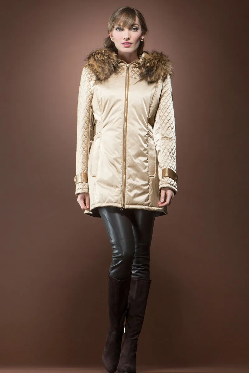 Gold 'Els' Mid-Length Coat with Natural Finn Raccoon Trim