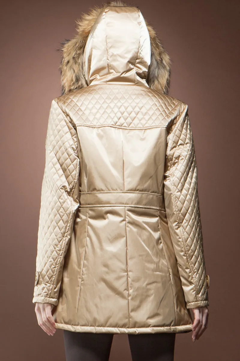 Gold 'Els' Mid-Length Coat with Natural Finn Raccoon Trim