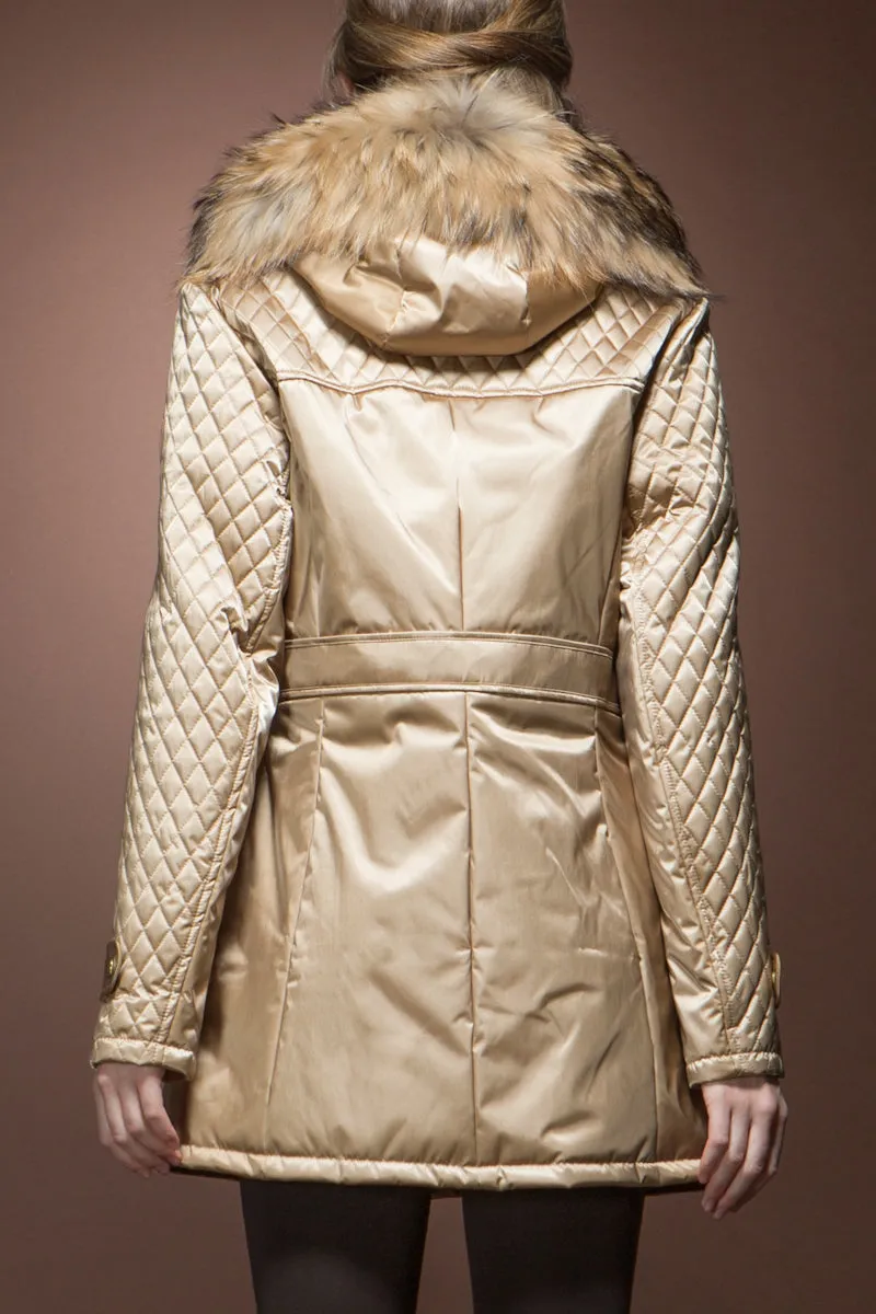 Gold 'Els' Mid-Length Coat with Natural Finn Raccoon Trim